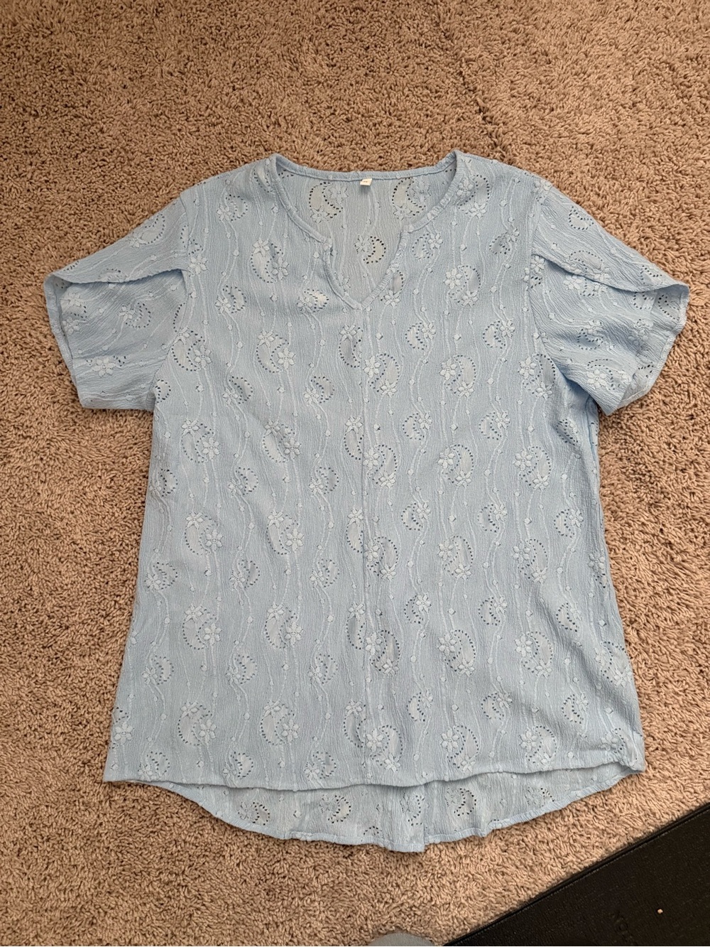 Amazon Light Blue Eyelet V-Neck Short Sleeve Blouse